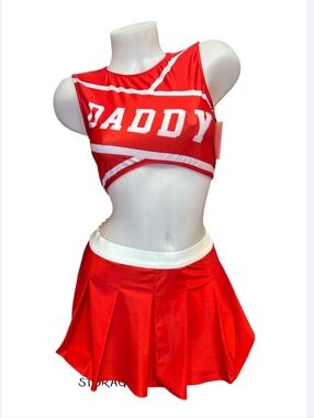Custom Red Cheerleader Costume Set Youth Medium Crop Top Mini Skirt “Daddy”